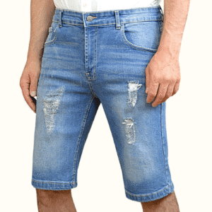 Classic Light Blue Slim Fit Ribbed Denim Shorts Front View by Morab Wears