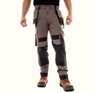 Front view of ash grey and black two-tone work pants for men with utility compartments and stretch-blend fabric