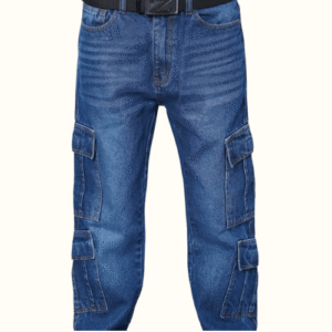 Men’s heavy-duty deep blue denim cargo jeans shown from the front with multi-pocket design