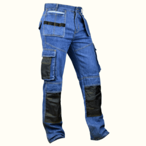 Front view of light blue heavy-duty denim work jeans for men by Morab Wears, with deep tool pockets and loop holder.