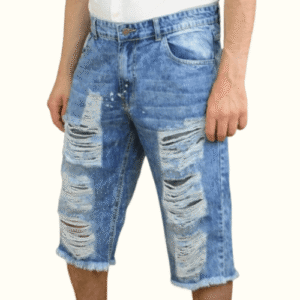 Men’s light blue distressed denim shorts – front view with ribbed thigh cuts and frayed knee-length hem by Morab Wears