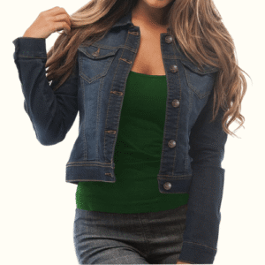 Woman wearing slim-fit cropped denim jacket in dark indigo – front view